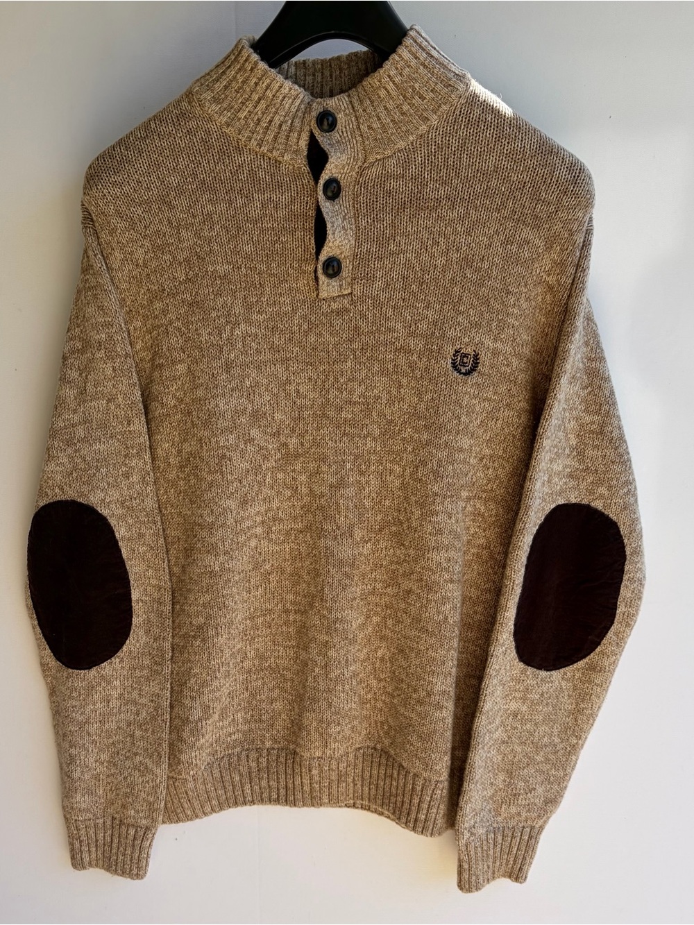 Chaps Heritage Tan Knit Button Mock Neck Sweater with Elbow Patches XL